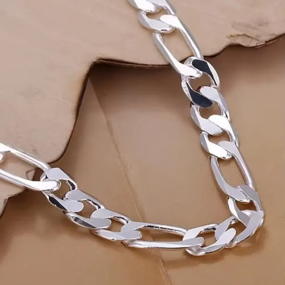 925 Silver Plated Bracelet Figaro 10mm Vintage Fashion Anniversary Birthday Gift